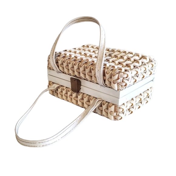 1950s True Vintage Small Cream Plastic Tile Box Handbag Plasticflex Style Handle - Picture 2 of 6